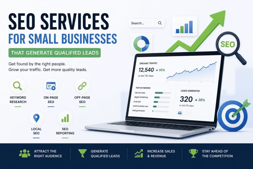 SEO services for small businesses with analytics dashboard, keyword research, traffic growth, and qualified lead generation.
